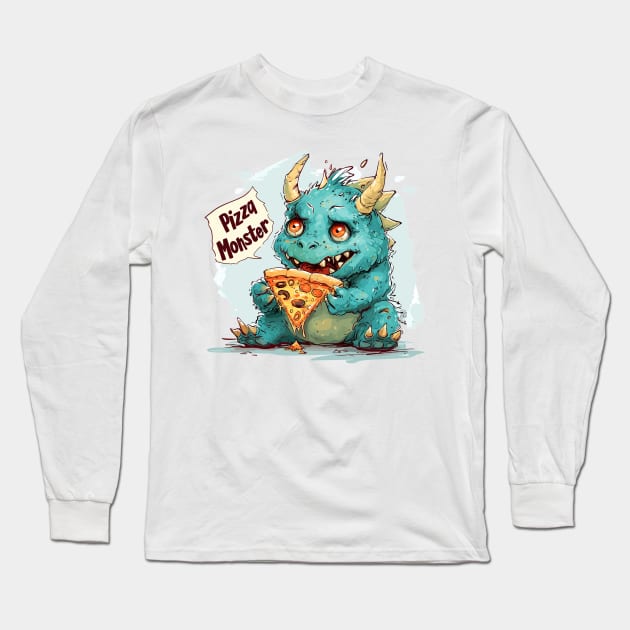 Cute Pizza Eating Monster Long Sleeve T-Shirt by Obotan Mmienu